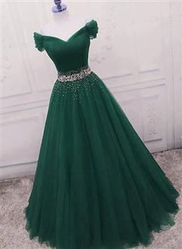 Picture of Gorgeous Dark Green Tulle Off Shoulder Long Party Dresses, Prom Gown